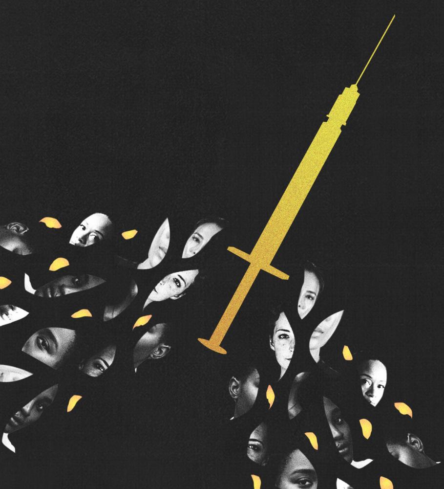 An illustration of a needle surrounded by slivers of women's faces