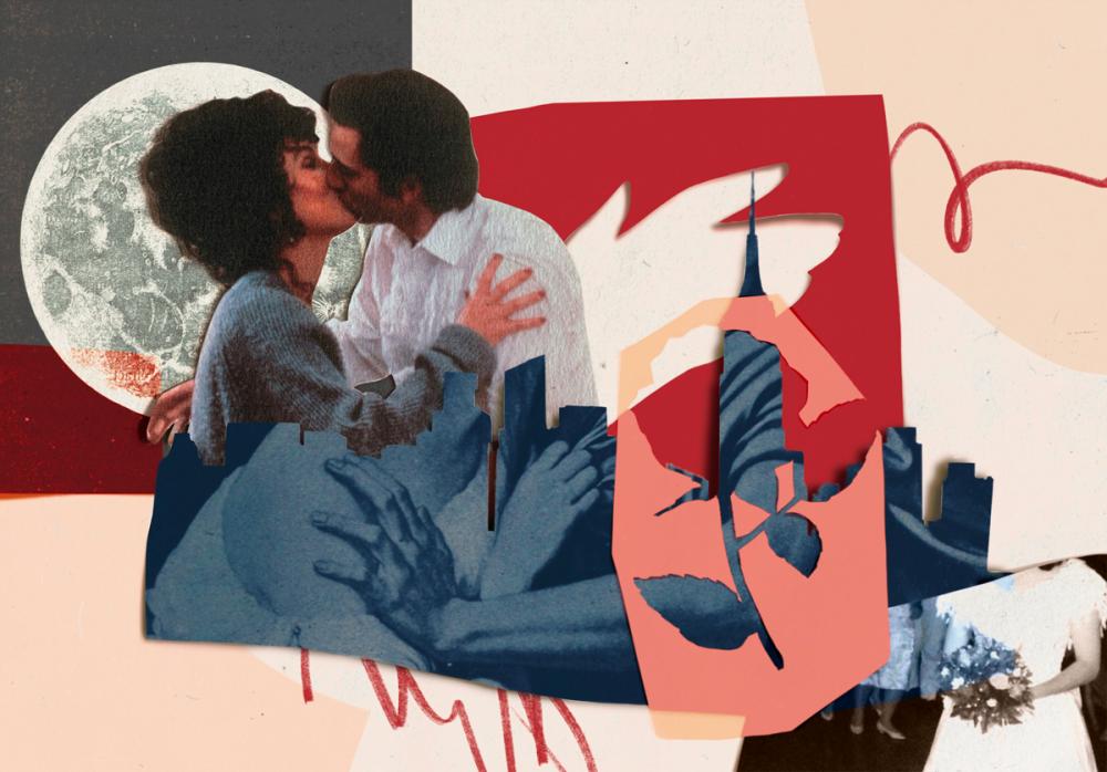 A collage of Cher and Nicholas Cage kissing in the film Moonstruck superimposed on top of an outline of the Manhattan skyline and a full moon.